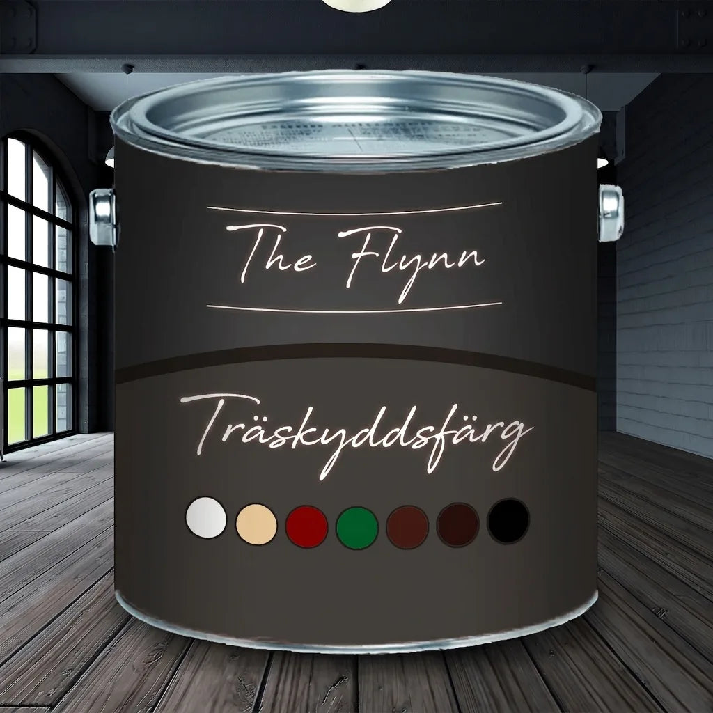 Mörkgrå The Flynn träskyddsfärg burk med vita, beige, röda, gröna, bruna och svarta färgprover.