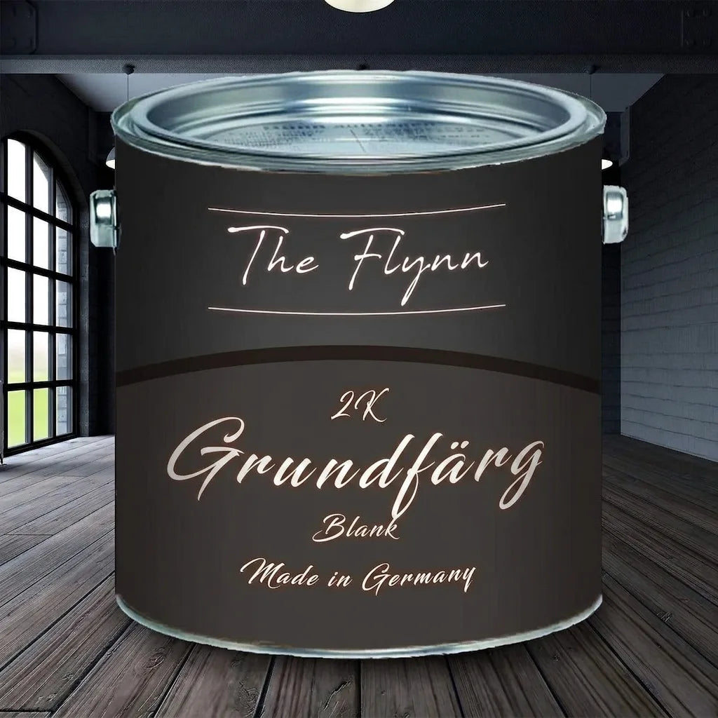 Svart färgburk 'The Flynn' för 2K grundfärg med glansig finish, tillverkad i Tyskland, i ett modernt rum.