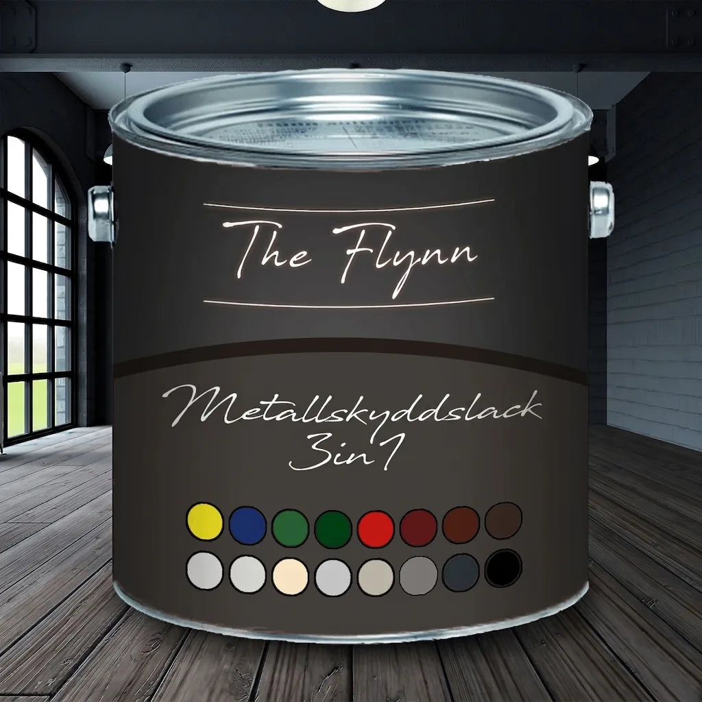 Färgburk med The Flynn Metallskyddslack 3-i-1 och färgprover i en modern industrimiljö.