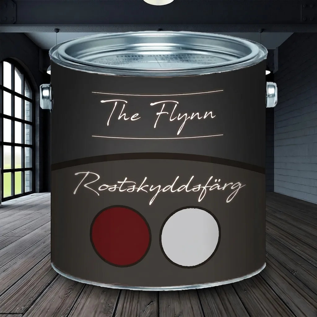 Burk med The Flynn rostskyddsfärg i vinrött och grått/vitt, placerad på trägolv i en modern industrilokal.