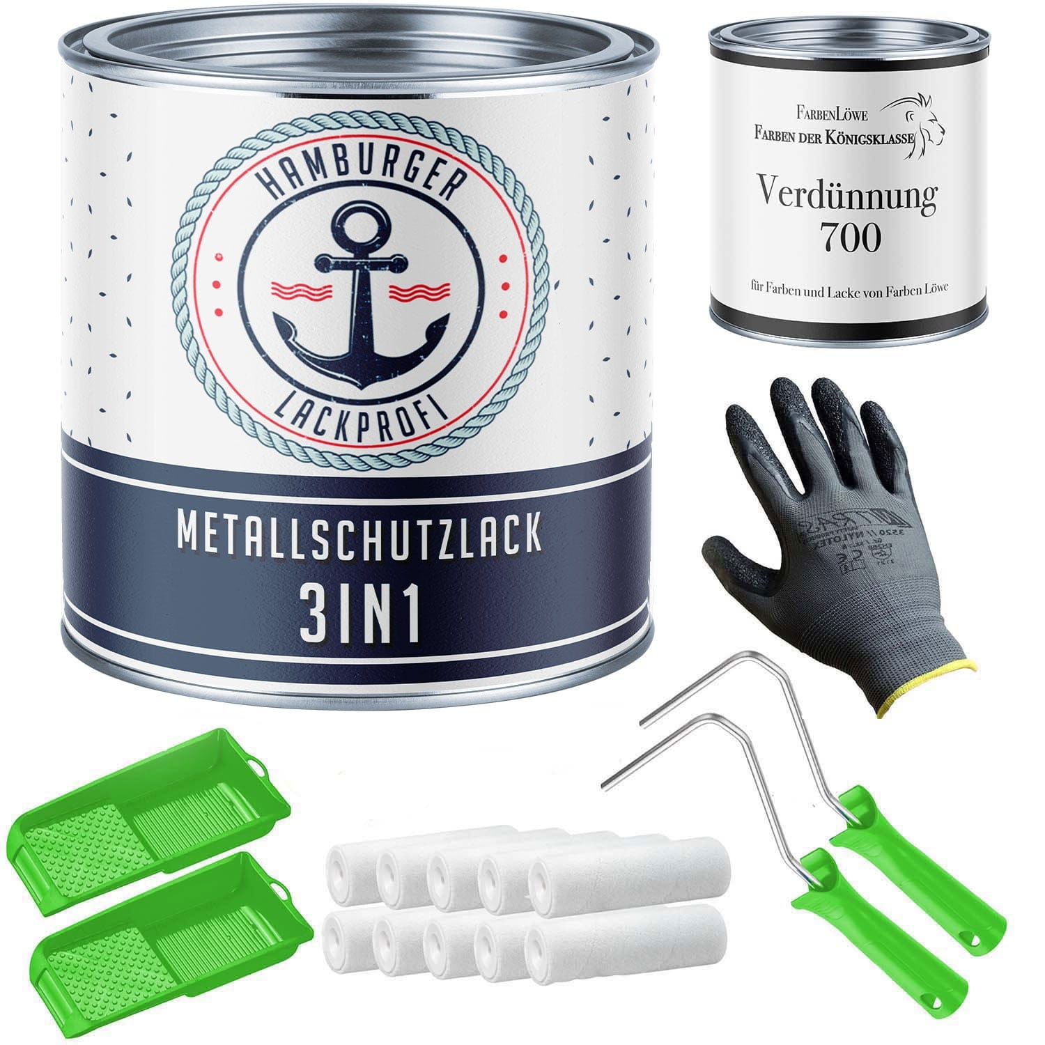 Hamburger Lack-Profi Lacke & Beschichtungen Hamburger Lack-Profi Metallschutzlack 3in1 SEIDENMATT mit Lackierset (X300) & Verdünnung (1 L) - 30% Sparangebot