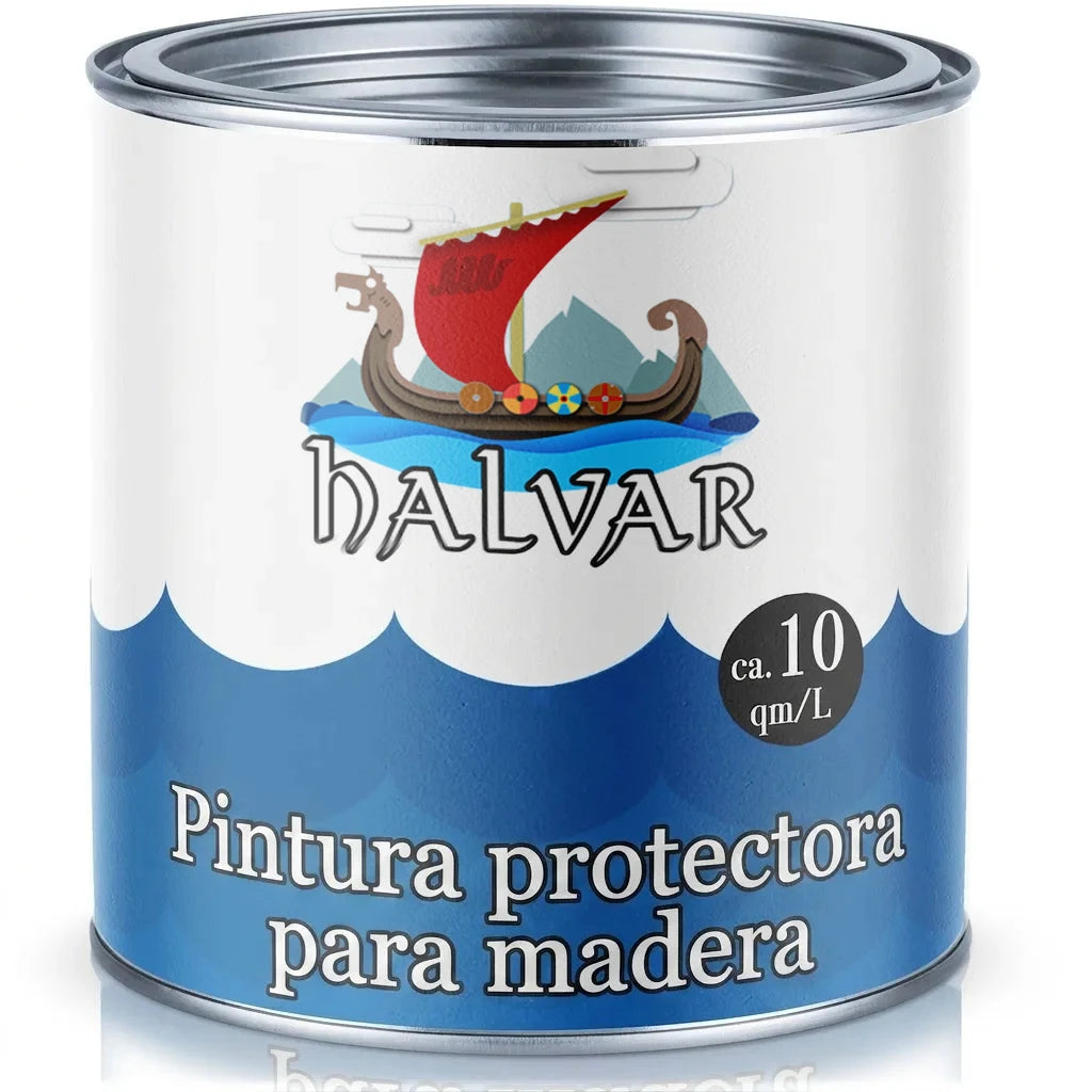 Lata de pintura HALVAR Holzschutzfarbe (pintura protectora de madera) con logo de barco vikingo, rendimiento ca. 10 qm/L.