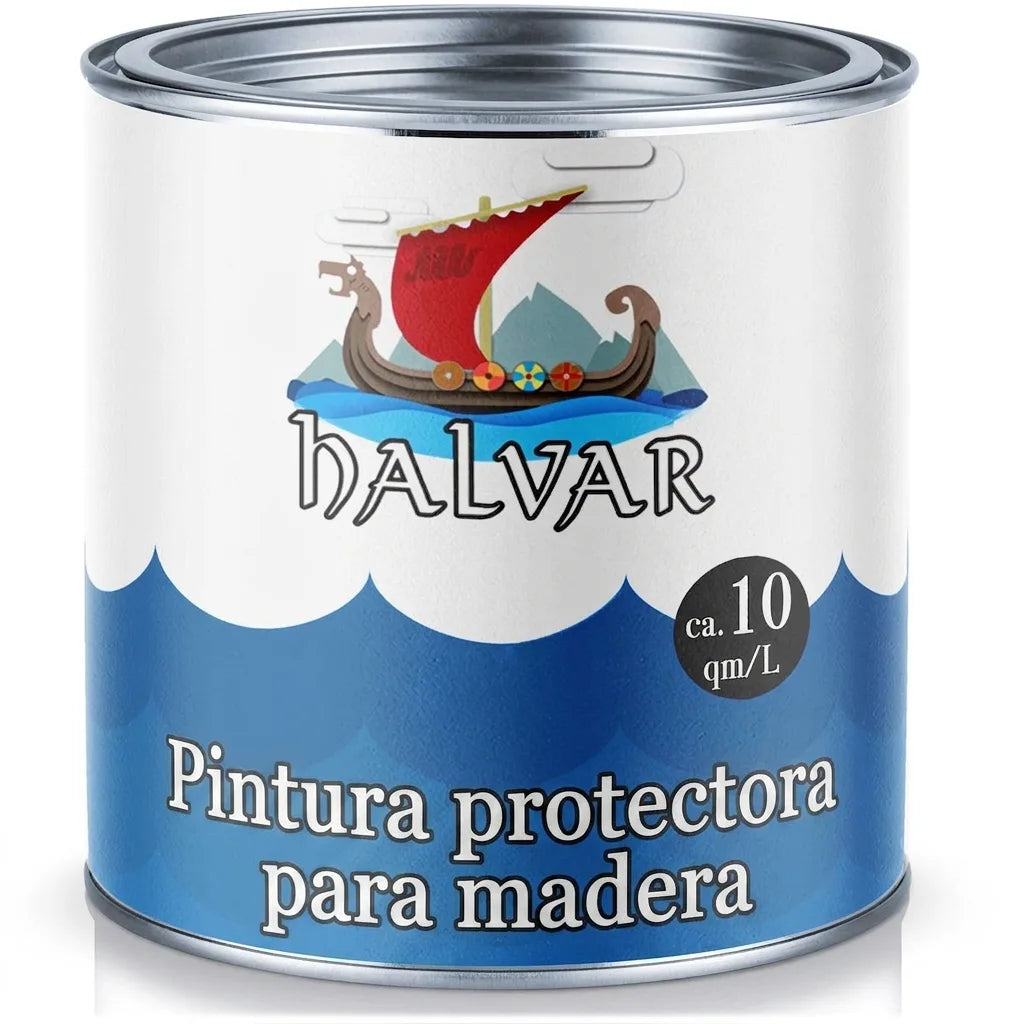 Lata de pintura HALVAR protectora para madera, con rendimiento de 10 m²/L.