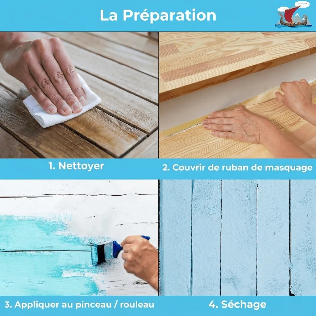 Étapes de préparation et de peinture du bois : 1. Nettoyer, 2. Masquer, 3. Peindre, 4. Sécher.