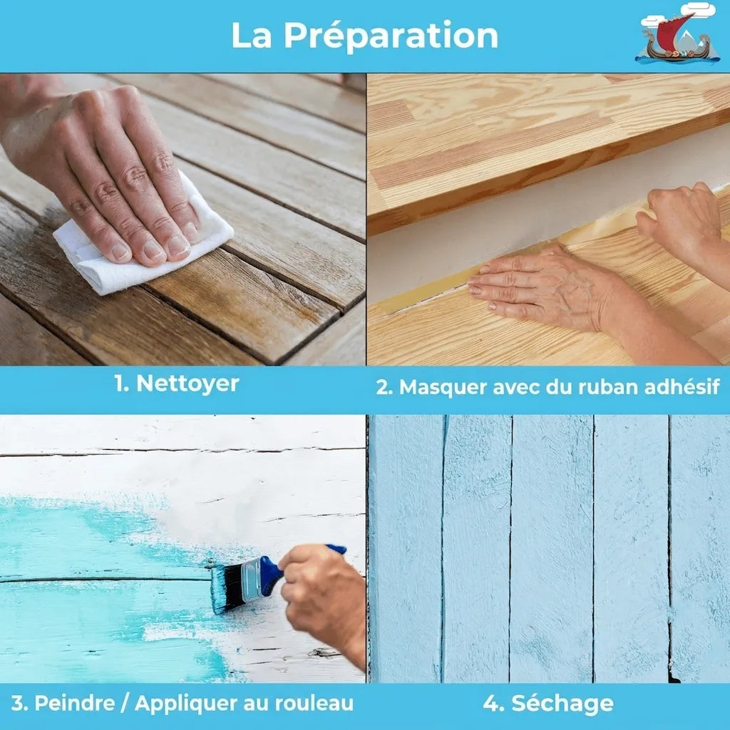 Quatre étapes pour peindre le bois: nettoyer, masquer, peindre en bleu clair, et sécher.