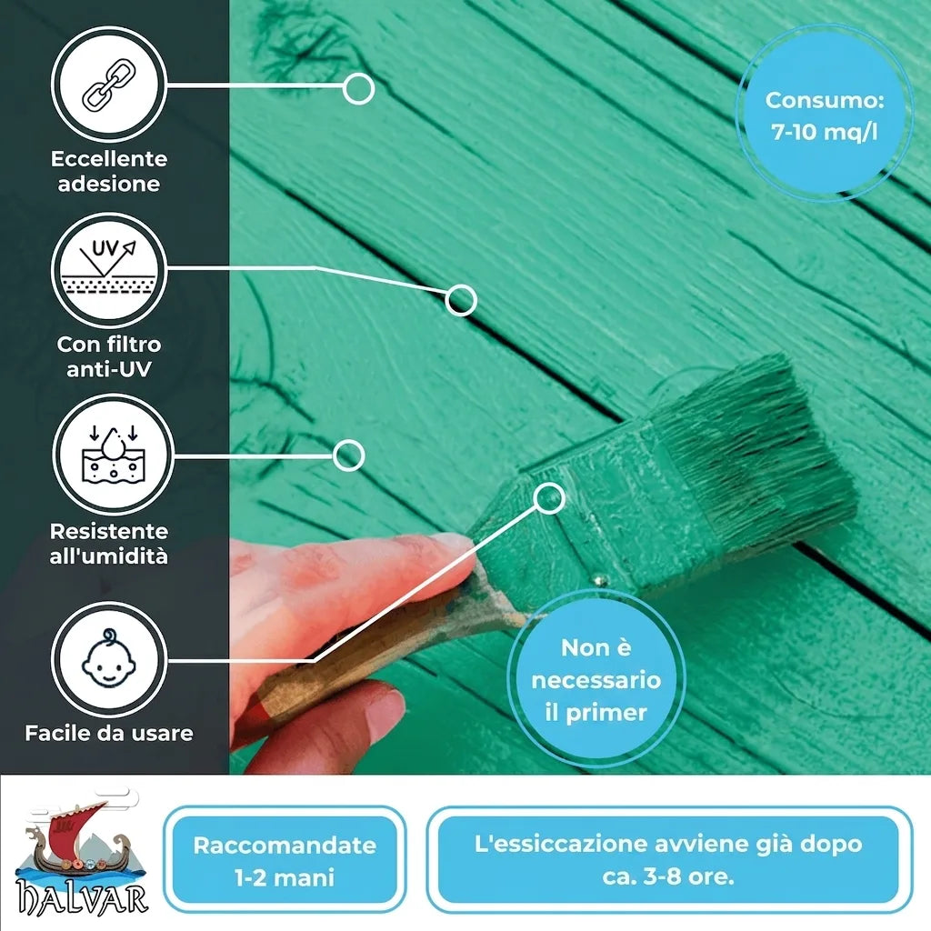 Vernice verde per legno Halvar: aderenza eccellente, UV, resistente all'umidità. Nessun primer, facile applicazione.