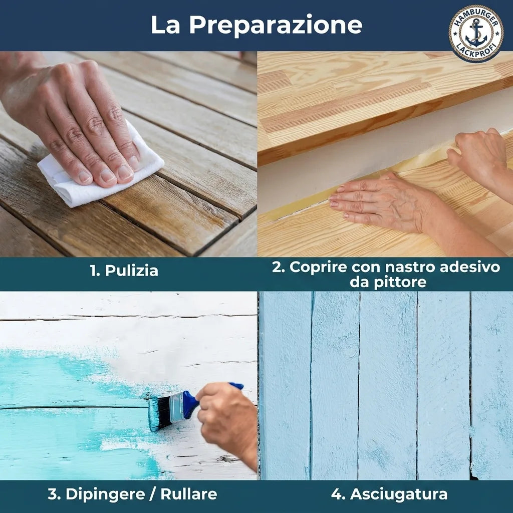 Guida alla verniciatura legno: pulizia, mascheratura con nastro, applicazione colore, asciugatura.
