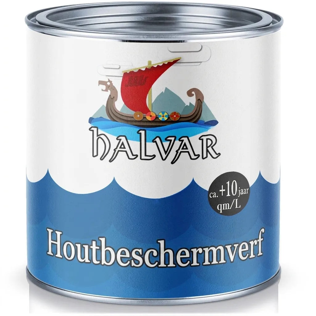 HALVAR witte en blauwe verfblik voor houtbescherming, met Vikingboot logo. Dekking: ca. 10 m²/L.