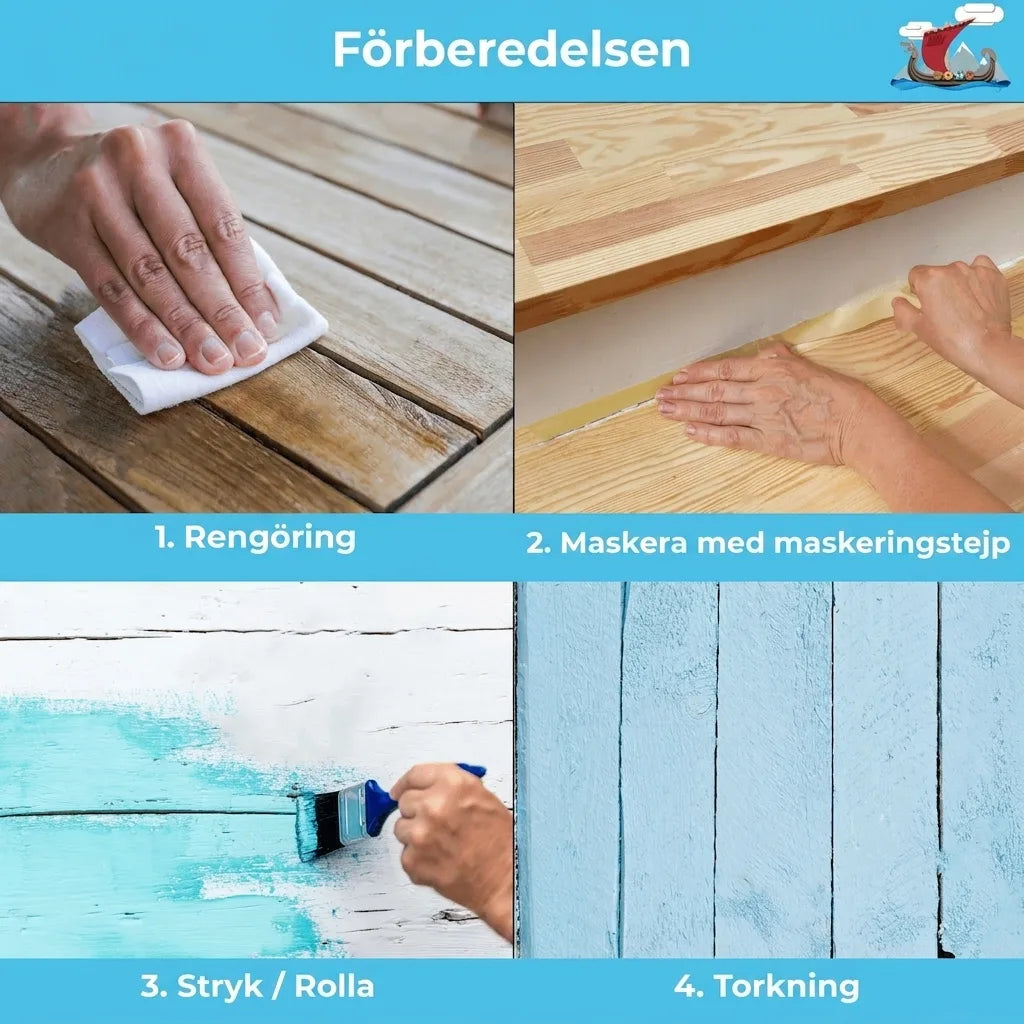 Steg för att förbereda och måla trä: rengör, maskera med tejp, måla med pensel, låt torka.