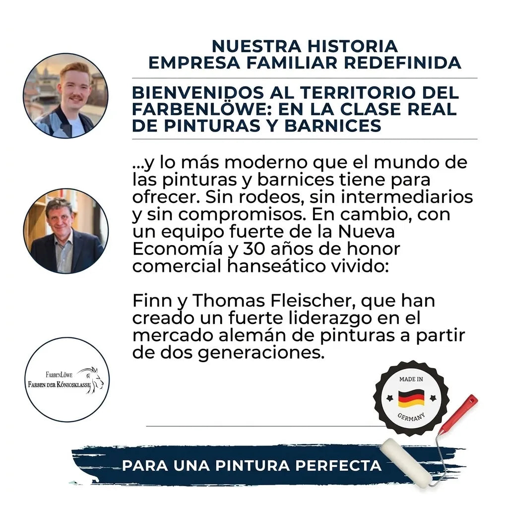 Publicidad de Farbenlöwe, empresa familiar alemana de pinturas premium. Muestra a Finn y Thomas Fleischer y su historia.