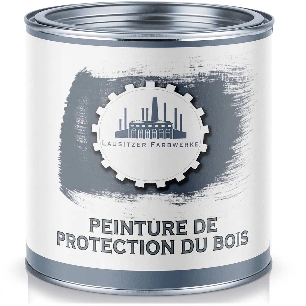 Pot de peinture gris anthracite 'Lausitzer Farbwerke Holzschutzfarbe' pour la protection du bois.