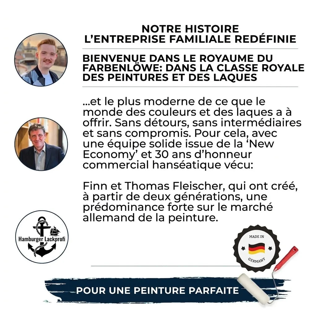 Histoire de l'entreprise familiale FarbenLöwe, présentant Finn et Thomas Fleischer, et leurs peintures de haute qualité.