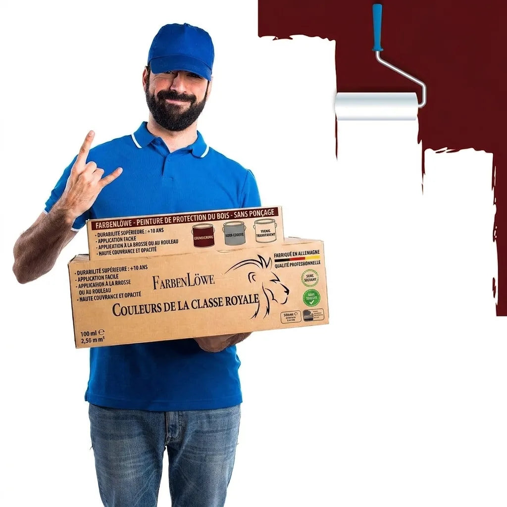Livreur souriant en uniforme bleu tenant des colis avec le logo et le texte allemand "FarbenLöwe Farben der Königsklasse", avec un rouleau d