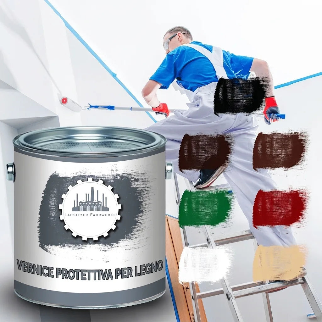 Imbianchino al lavoro con latta di vernice protettiva per legno e campioni di colore.