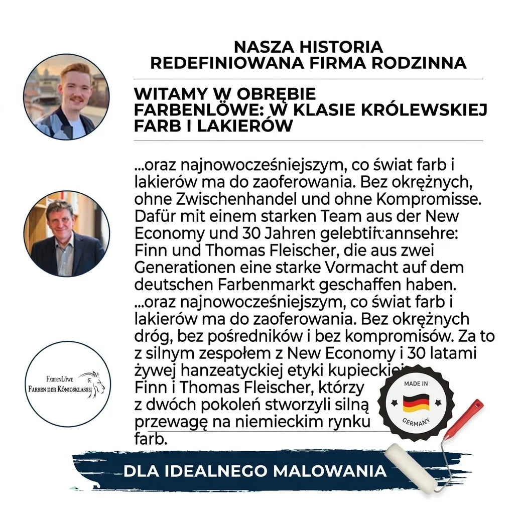 Historia niemieckiej firmy rodzinnej Farbenlöwe, oferującej wysokiej jakości farby i lakiery, Made in Germany.