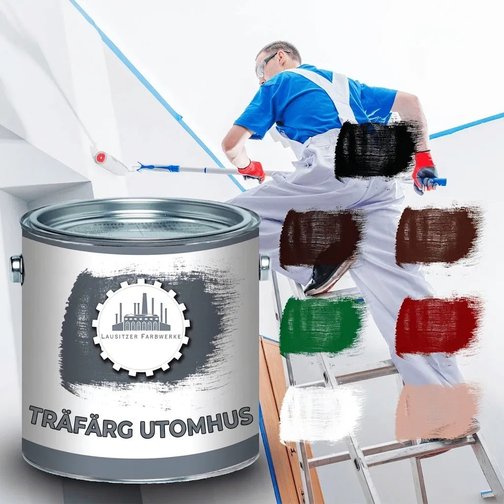 Målare målar vägg, produktbild av Lausitzer Farbwerkes träskyddsfärg med olika färgprover.