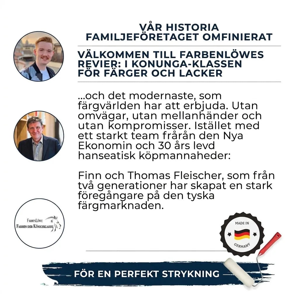 Bild på grundare Finn och Thomas Fleischer, text om tyskt familjeföretag FarbenLöwe, färg och lack.