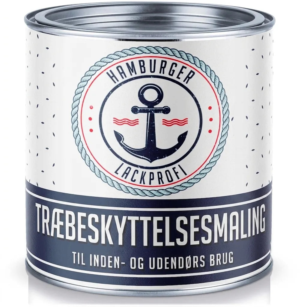 Dåse med træbeskyttelsesmaling fra Hamburger Lackprofi til indendørs og udendørs brug, med ankerlogo.