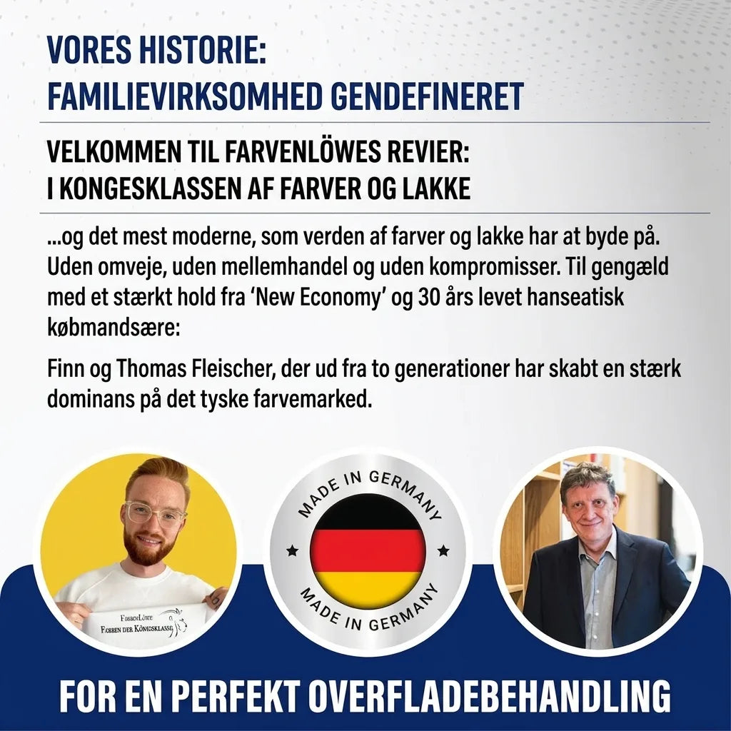 Farbenlöwe: Tysk familieejet malingsvirksomhed. Finn og Thomas Fleischer, kvalitet, direkte salg, "Made in Germany".