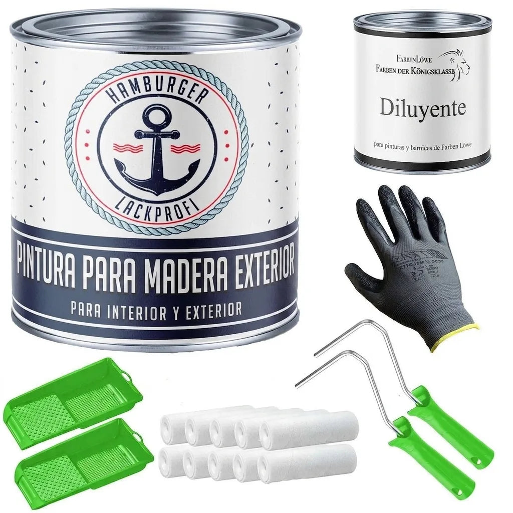 Kit de pintura y protección de madera: lata de pintura, diluyente, rodillos, bandejas y guante.