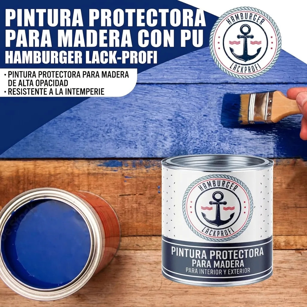 Pintura de madera PU azul Hamburger Lack-Profi. Alta cobertura, resistente al clima para interior y exterior.