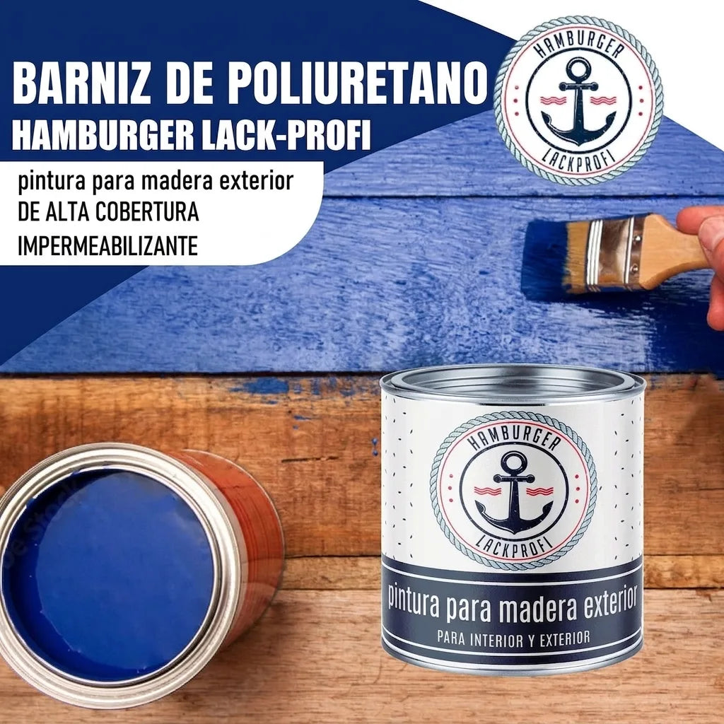 Pintura azul para madera de Hamburger Lack-Profi. Alta cobertura, resistente a la intemperie, uso interior y exterior.