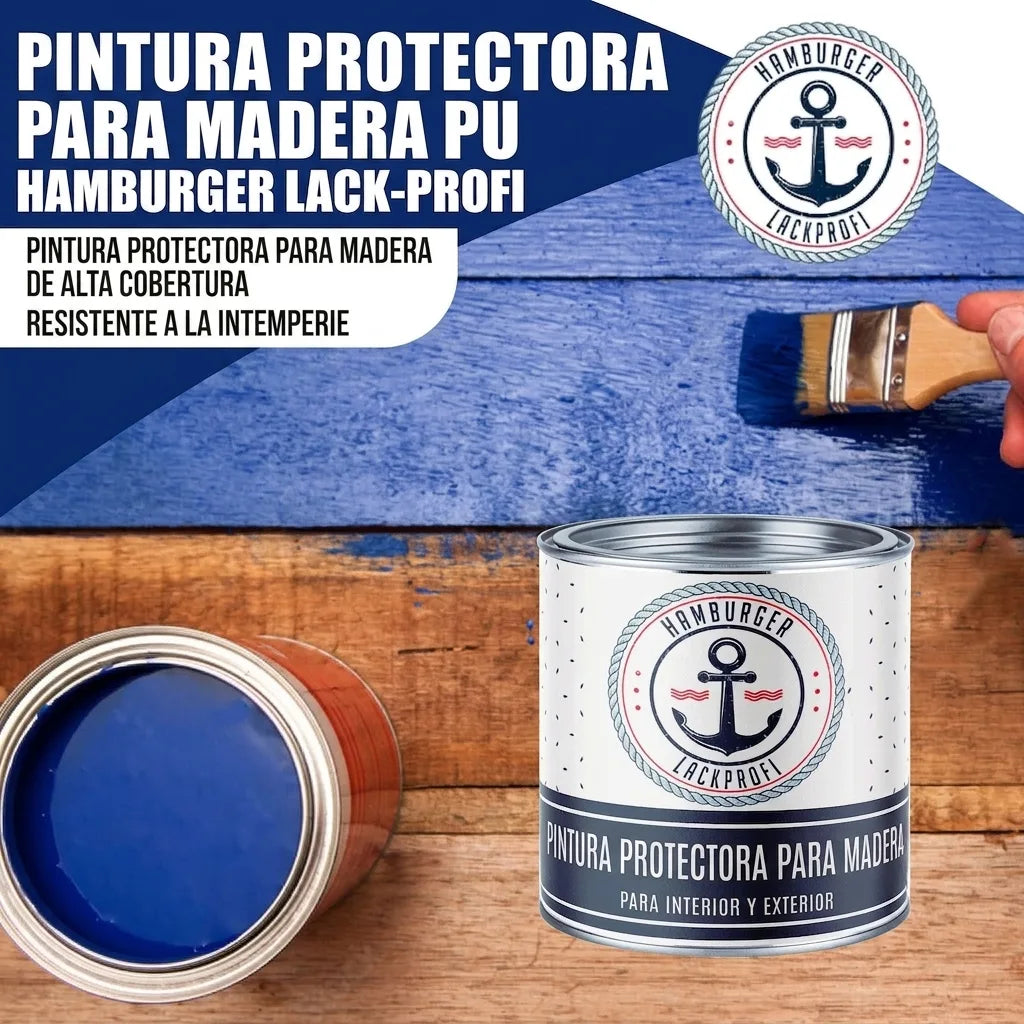 Pintura protectora azul para madera 'Hamburger Lack-Profi' de alta cobertura y resistente al clima. Latas.
