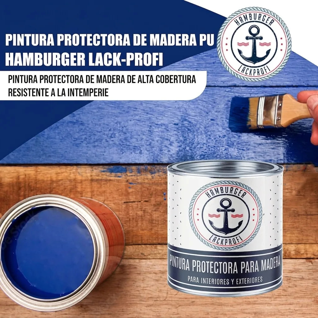 Pintura azul para madera de Hamburger Lack-Profi. Alta cobertura, resistente a la intemperie, uso interior y exterior.