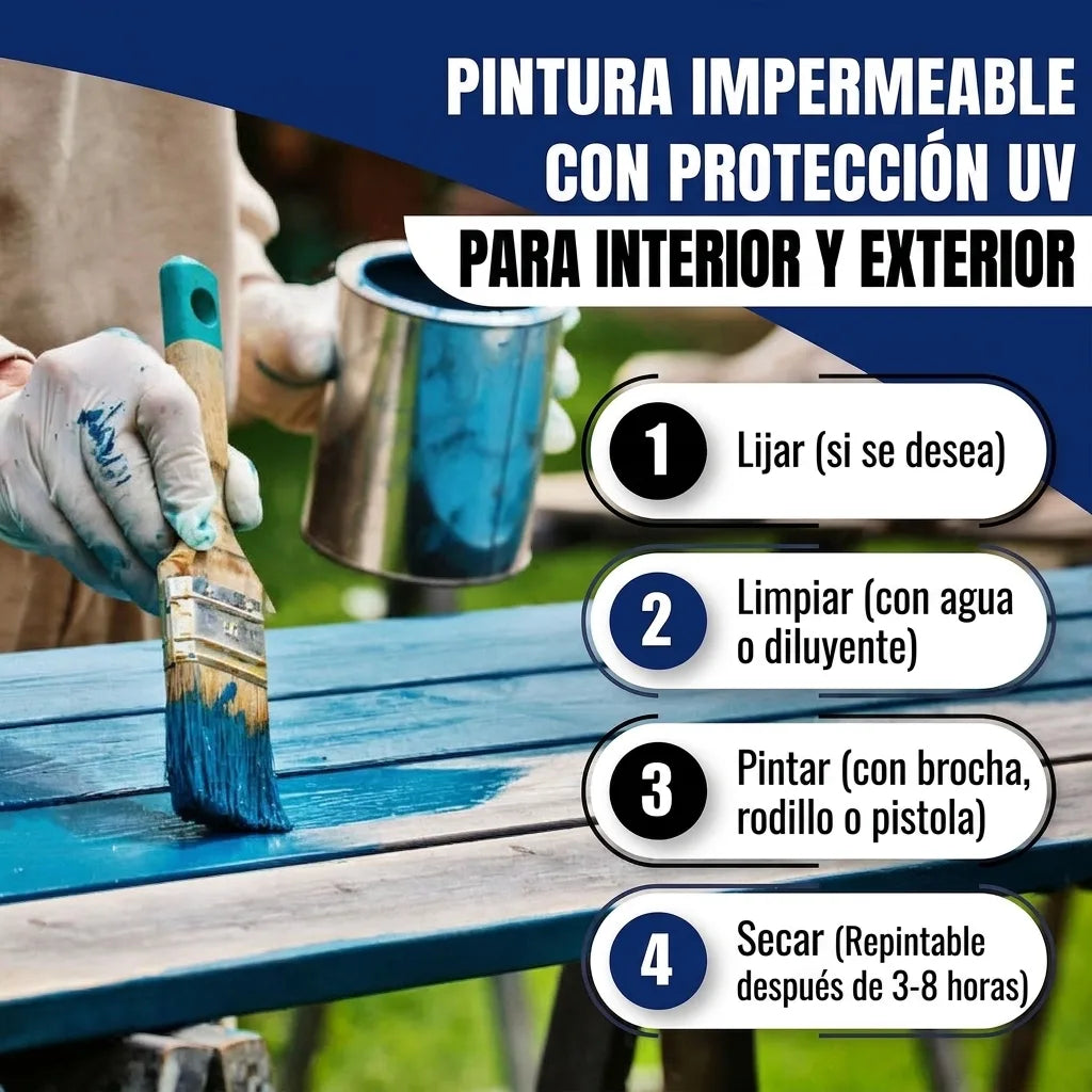 Persona pintando mesa de madera azul con brocha. Pintura resistente con UV para interior/exterior, pasos aplicación.