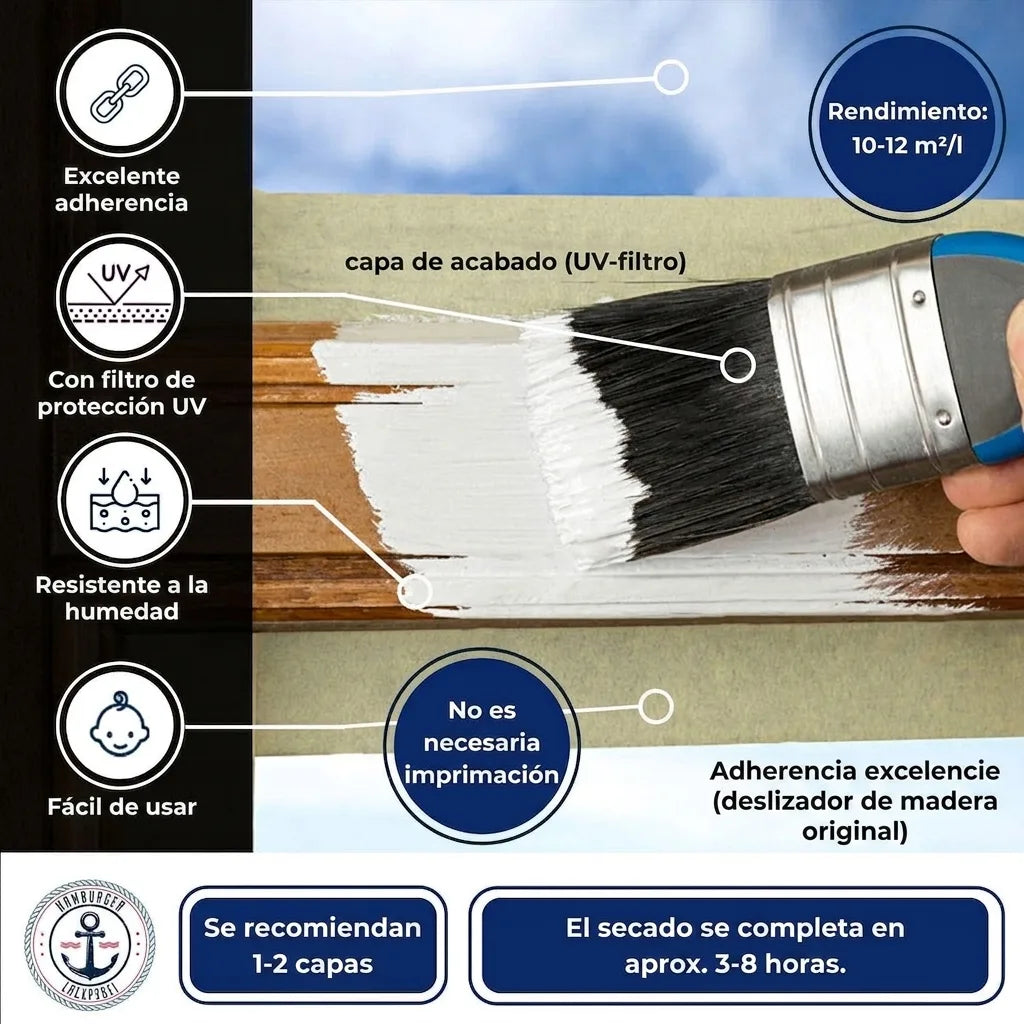 Pintura blanca para madera con brocha. Alta adherencia, filtro UV, resistente a la humedad, fácil uso, sin imprimación. Seca en 3-8h.