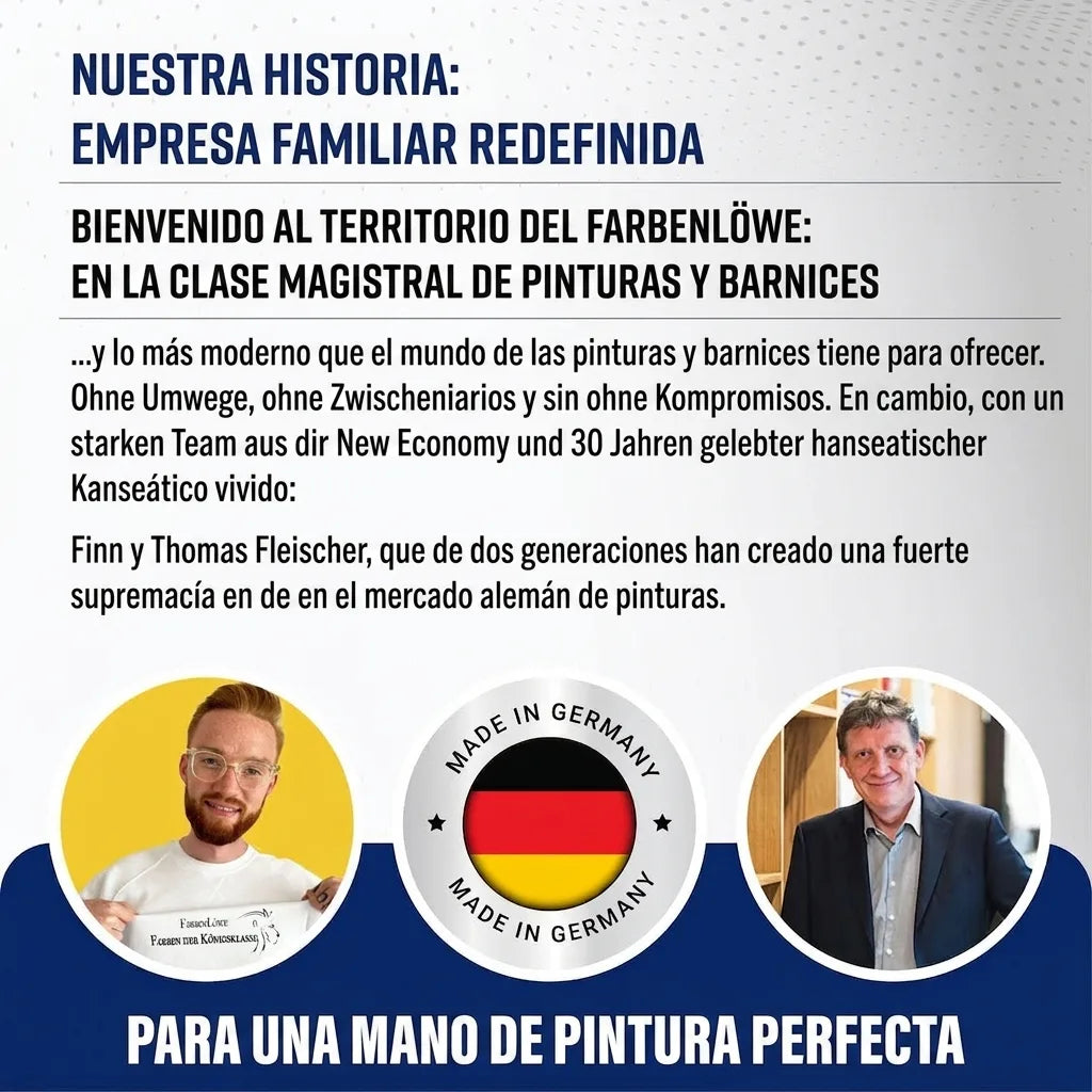 Imagen de Finn y Thomas Fleischer y sello Made in Germany, con texto alemán sobre su empresa de pinturas.