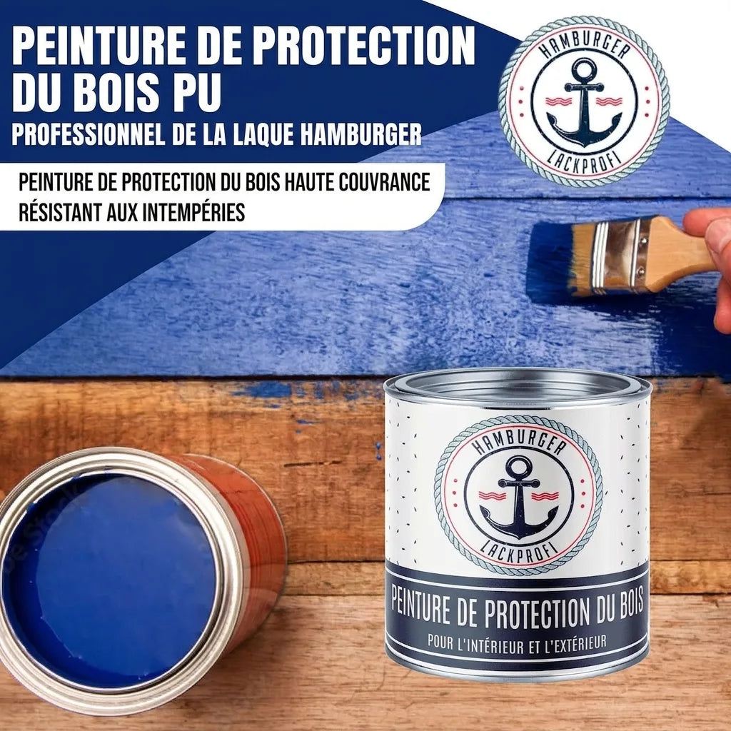 L'image montre une peinture de protection du bois bleu "HAMBURGER LACK-PROFI" appliquée sur du bois, avec un pot de peinture ouvert et un pi