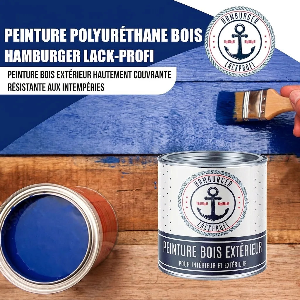 Peinture de protection bois bleu intense Hamburger Lack-Profi, application sur planches, résistance intempéries.