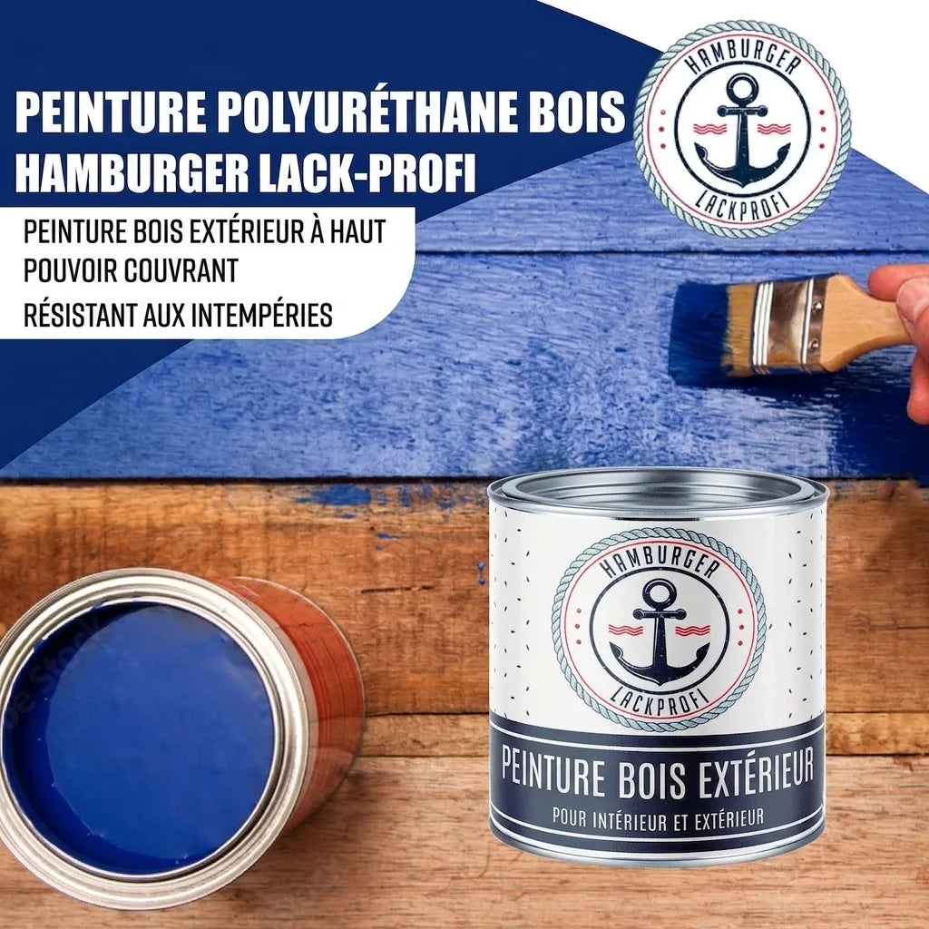 Pot de peinture bois bleue Hamburger Lack-Profi, application au pinceau sur surface en bois, résistant intempéries.