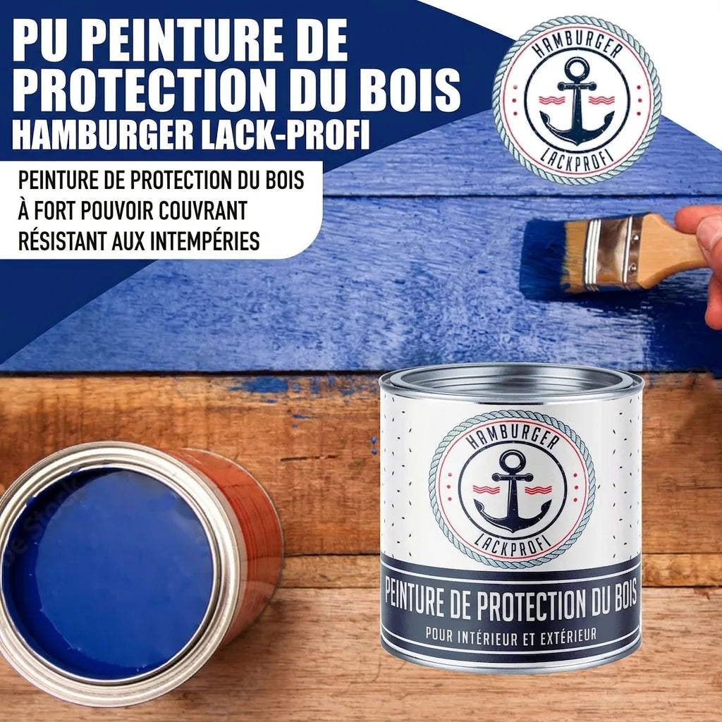 Peinture bois PU bleue Hamburger Lack-Profi, très couvrante et résistante. Pour intérieur et extérieur.