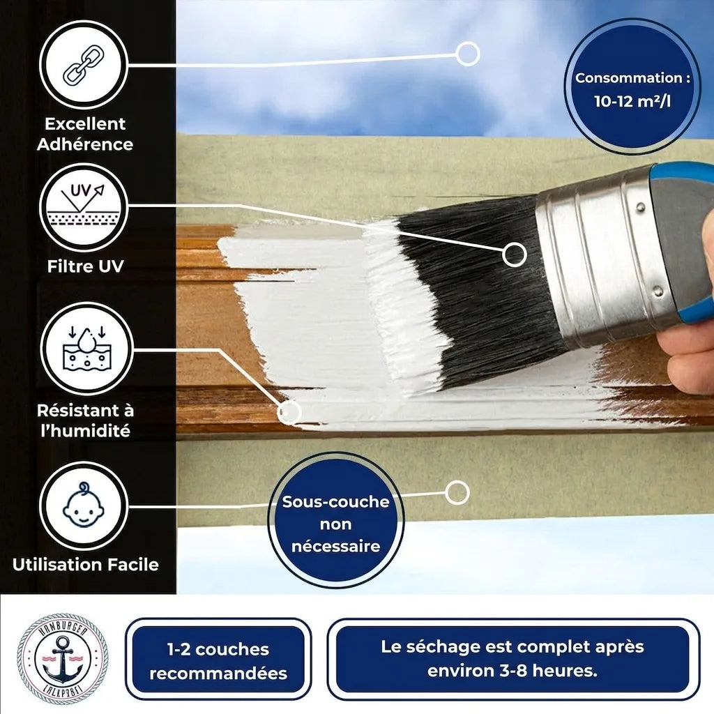 Peinture blanche pour bois avec protection UV, résistante à l'humidité, facile à appliquer. Séchage rapide, pas de primaire.