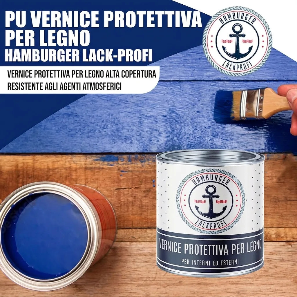 Pittura protettiva legno PU blu su tavole, applicata con pennello. Barattoli. Coprente, resistente, interni/esterni.