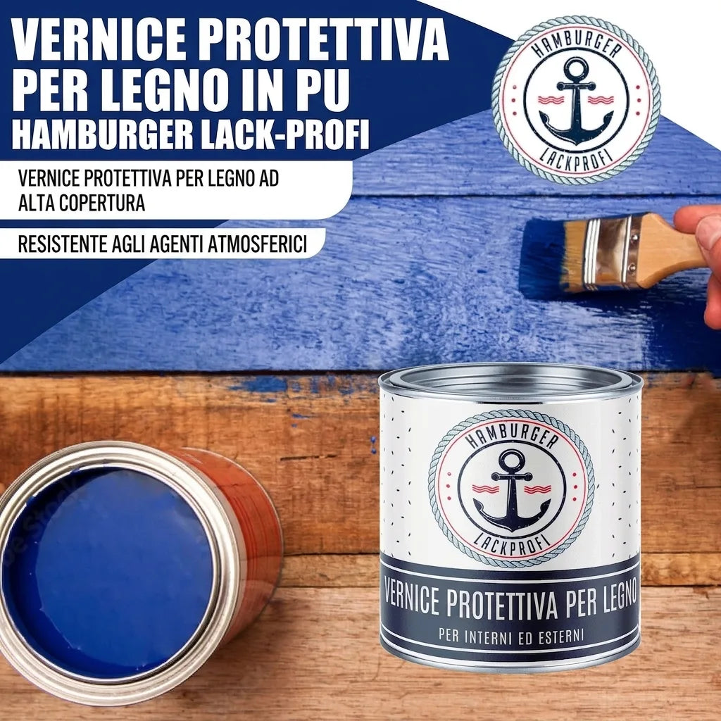 Pittura protettiva legno blu Hamburger Lack-Profi per interni ed esterni su superficie in legno.