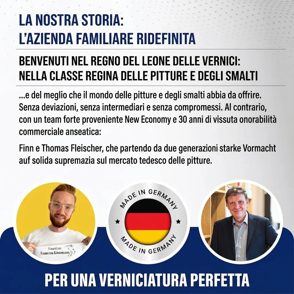 Un'azienda familiare tedesca che ridefinisce il settore delle vernici, con Finn e Thomas Fleischer e il logo Made in Germany.