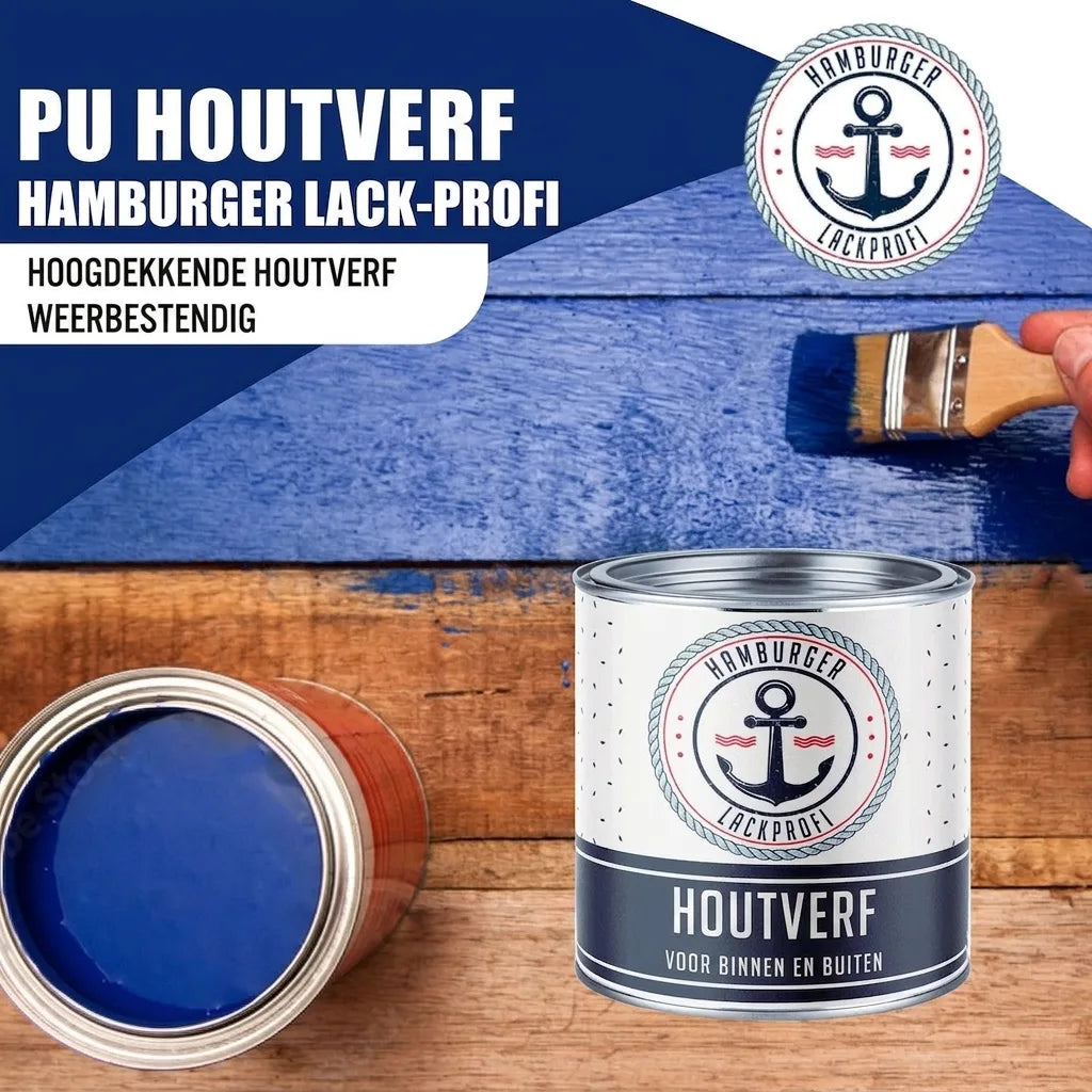 Hamburger Lack-Profi PU houtbeschermingsverf in blauw. Houten planken worden geverfd, met open en dicht blik verf.
