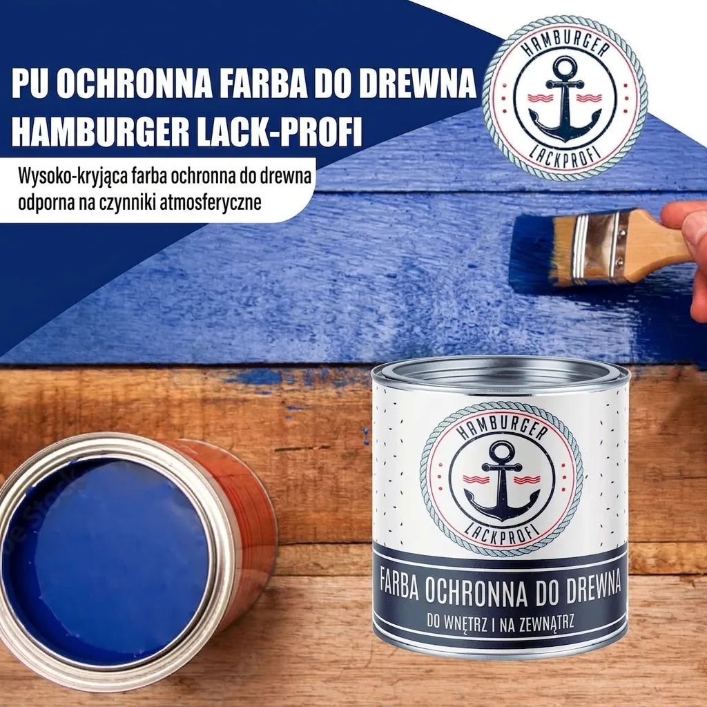 Niebieska farba ochronna do drewna PU Hamburger Lack-Profi, wysokokryjąca, odporna na warunki atmosferyczne, do wewnątrz i na zewnątrz.