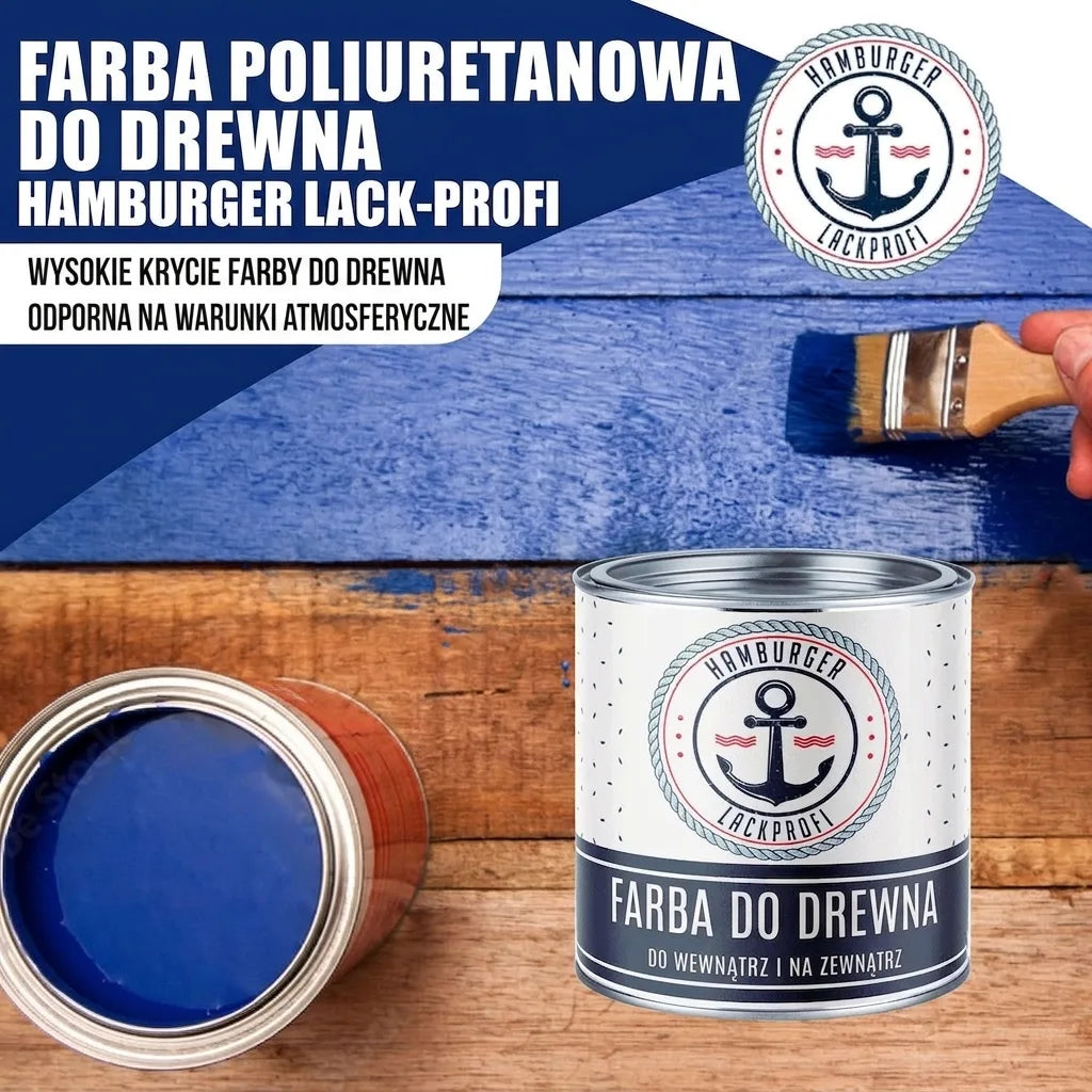 Niebieska farba ochronna do drewna PU Hamburger Lack-Profi. Malowanie pędzlem, kryjąca, odporna na warunki.