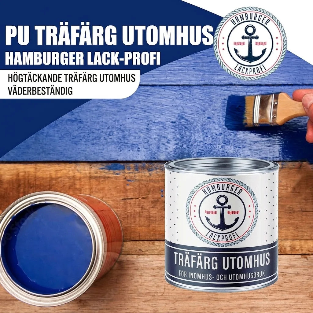 Person målar trä med blå PU-träskyddsfärg från Hamburger Lack-Profi. Högtäckande, väderbeständig. Färgburk.