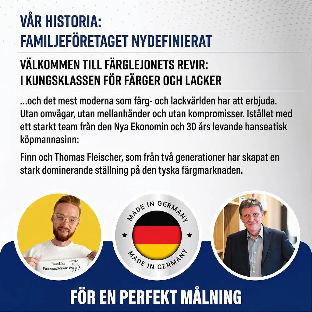 Tyskt familjeföretag, Finn & Thomas Fleischer, presenterar Färglejonet – premiumfärg & lack, tillverkad i Tyskland för perfekt resultat.