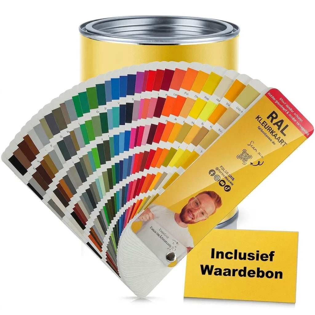 Gele verfblik met RAL kleurenkaart, inclusief waardebon. Verf zonder schuren, grondverf of verzegeling.