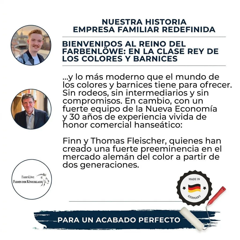 Dos hombres, texto alemán sobre un negocio familiar de pinturas y barnices, logo de Farbenlöwe, sello 'Hecho en Alemania'.
