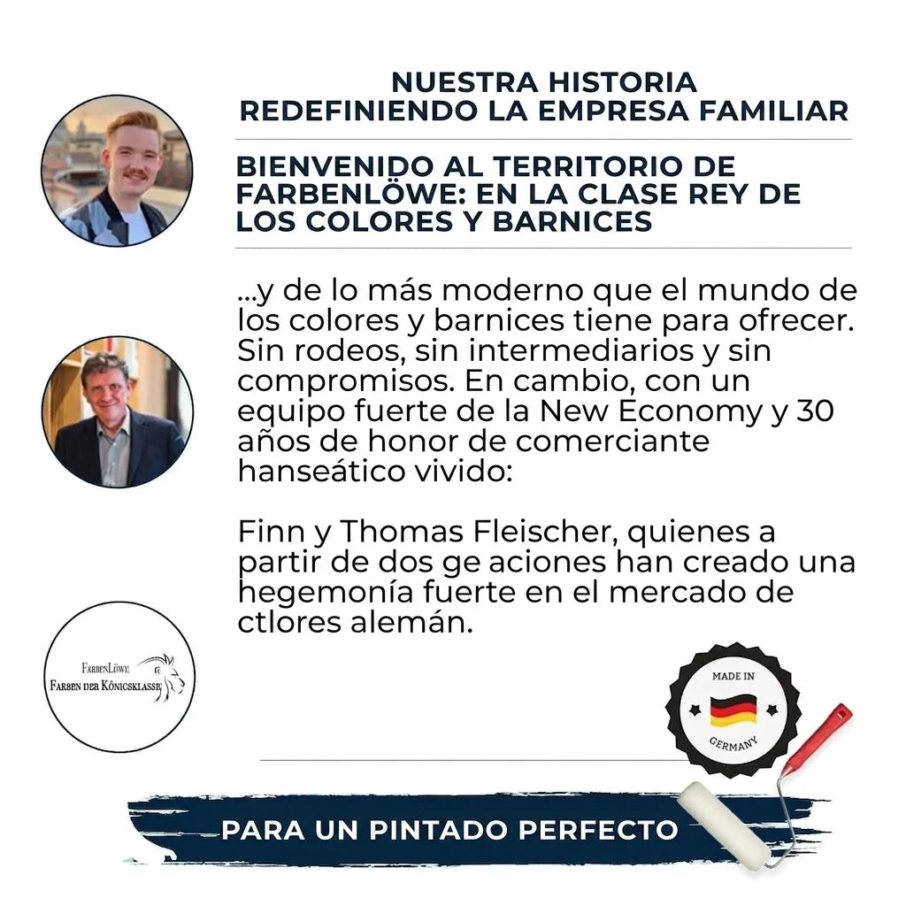 Dos hombres, texto alemán sobre un negocio familiar de pinturas y barnices, logo de Farbenlöwe, sello 'Hecho en Alemania'.