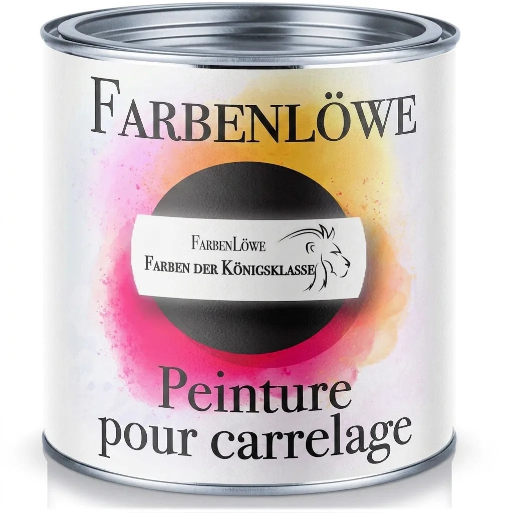 Pot de peinture FarbenLöwe Fliesenlack, couleurs de la classe royale, avec un design abstrait rose et jaune.