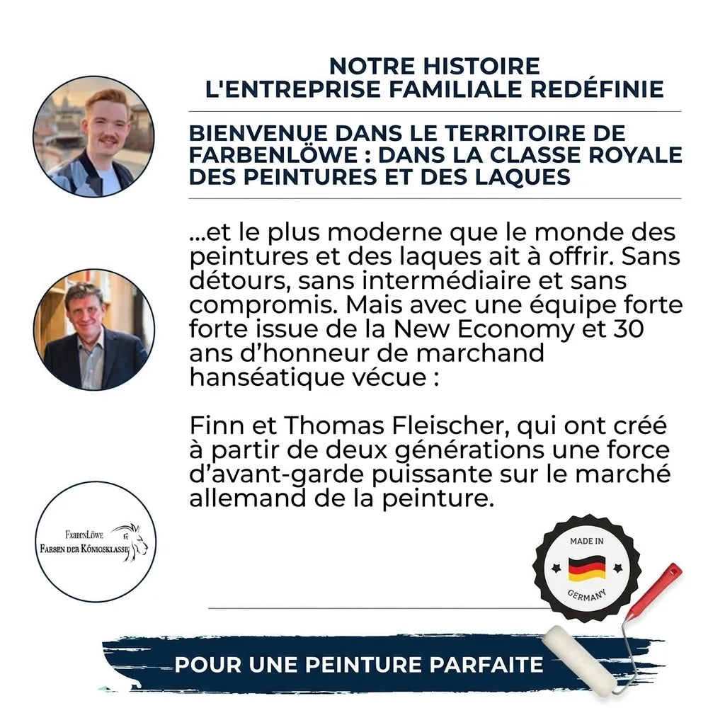 Infographie sur l'histoire de FarbenLöwe, entreprise familiale allemande de peintures et vernis de haute qualité.