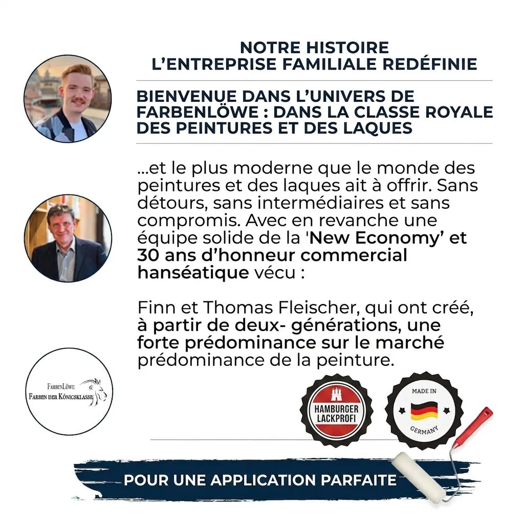 Infographie sur l'histoire de FarbenLöwe, entreprise familiale allemande de peintures et vernis de haute qualité.
